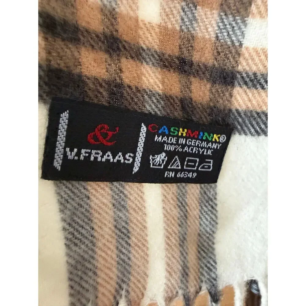 V. Fraas Cashmink Tartan Plaid Red White Tan Scarf‎ | Made in Germany